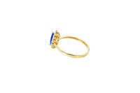 14KT Gold Ring Women's Flower Navy Blue Marquise Center CZ Stone with White CZ Stone Petal Borders and Plain Band