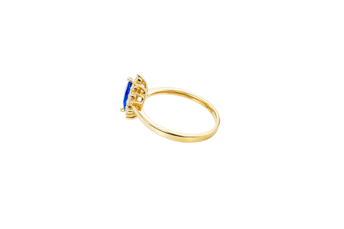 14KT Gold Ring Women's Flower Navy Blue Marquise Center CZ Stone with White CZ Stone Petal Borders and Plain Band