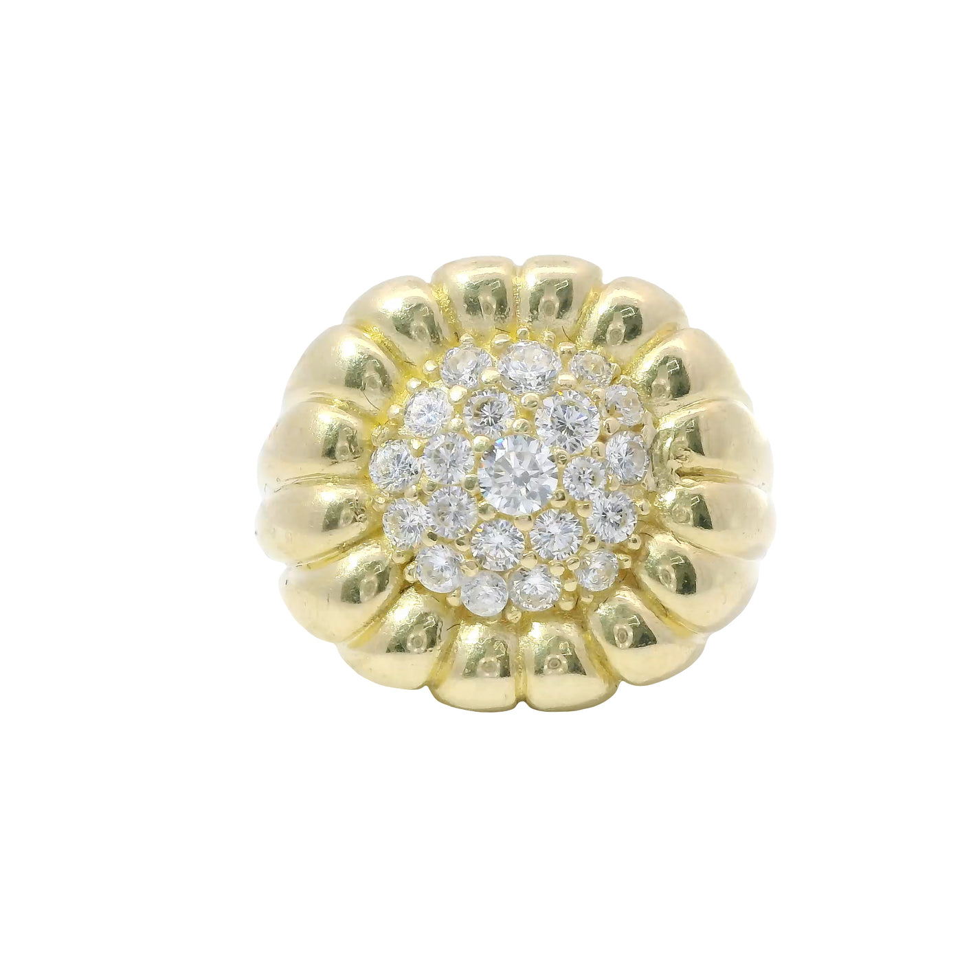 14KT Gold Ring Women's Sunflower Plain Ribbed Petals and White CZ Stone Cluster Center
