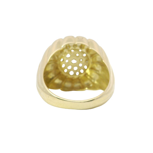 14KT Gold Ring Women's Sunflower Plain Ribbed Petals and White CZ Stone Cluster Center