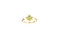 14KT Gold Ring Women's Mini Four Petal Flower Dark Green Petals with White CZ Center Stone and Border Plain Split Band