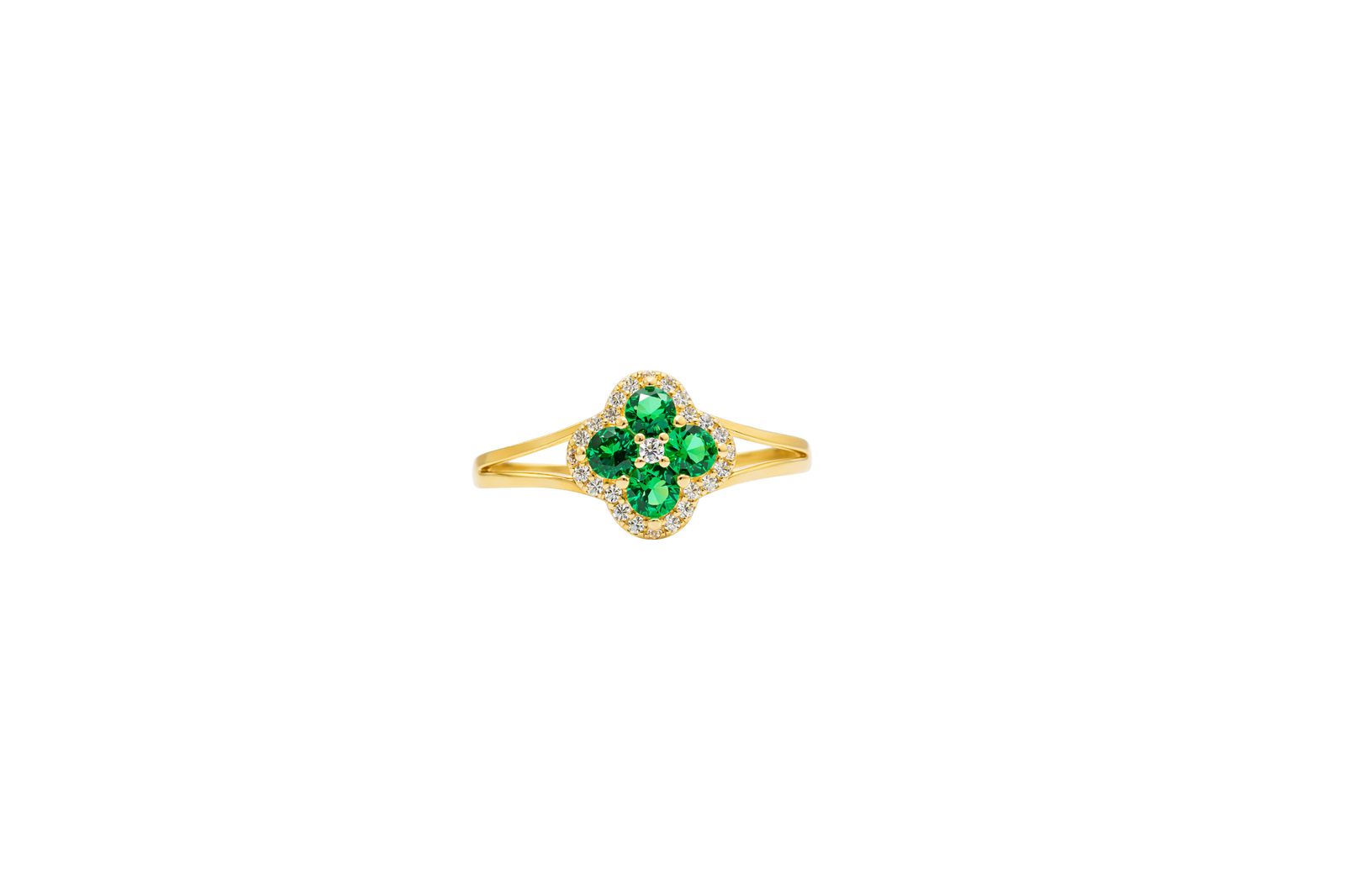 14KT Gold Ring Women's Mini Four Petal Flower Dark Green Petals with White CZ Center Stone and Border Plain Split Band