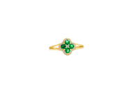 14KT Gold Ring Women's Mini Four Petal Flower Dark Green Petals with White CZ Center Stone and Border Plain Split Band