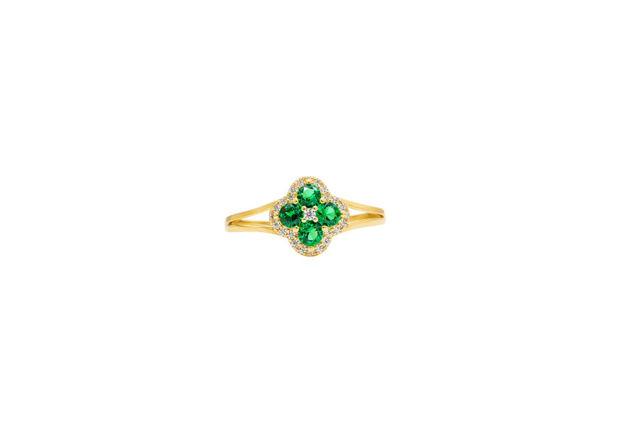 14KT Gold Ring Women's Mini Four Petal Flower Dark Green Petals with White CZ Center Stone and Border Plain Split Band