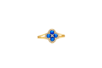 14KT Gold Ring Women's Mini Four Petal Flower Navy Blue Petals with White CZ Center Stone and Border Plain Split Band