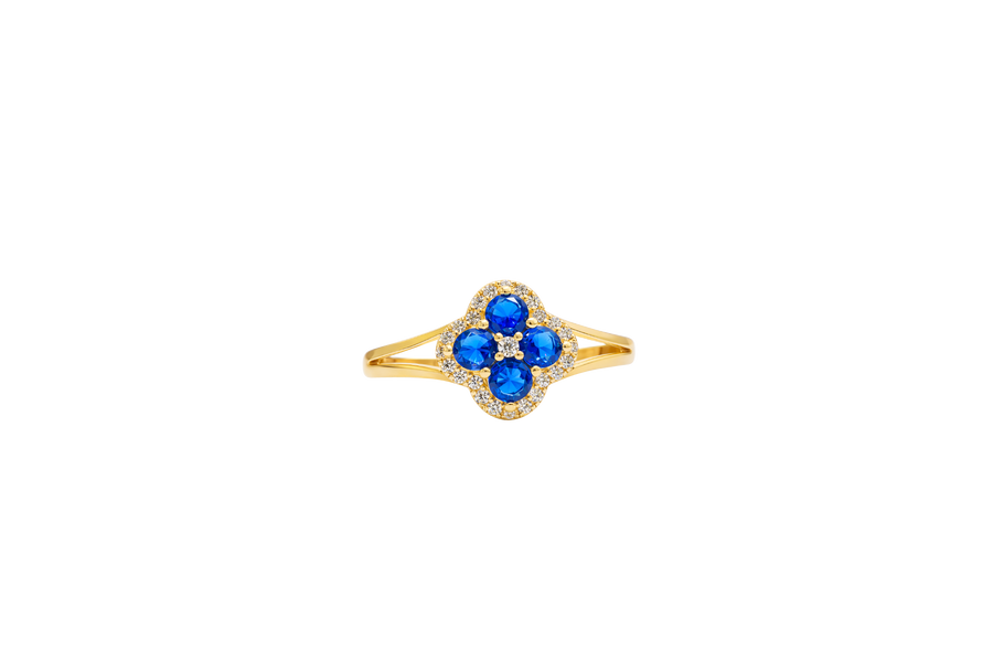 14KT Gold Ring Women's Mini Four Petal Flower Navy Blue Petals with White CZ Center Stone and Border Plain Split Band