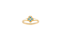 14KT Gold Ring Women's Mini Four Petal Flower Navy Blue Petals with White CZ Center Stone and Border Plain Split Band