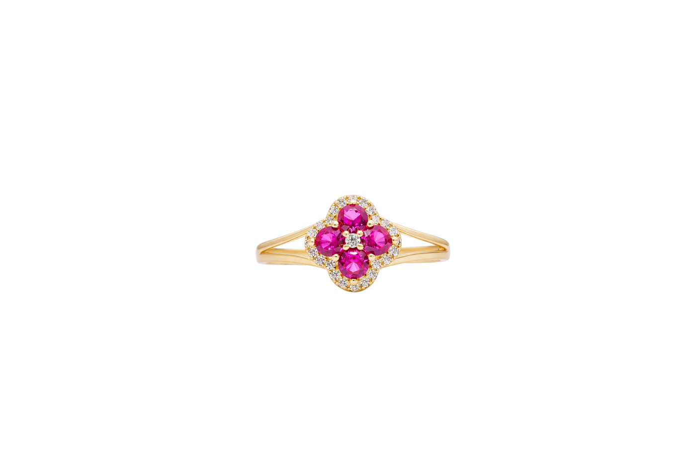 14KT Gold Ring Women's Mini Four Petal Flower Dark Pink Petals with White CZ Center Stone and Border Plain Split Band