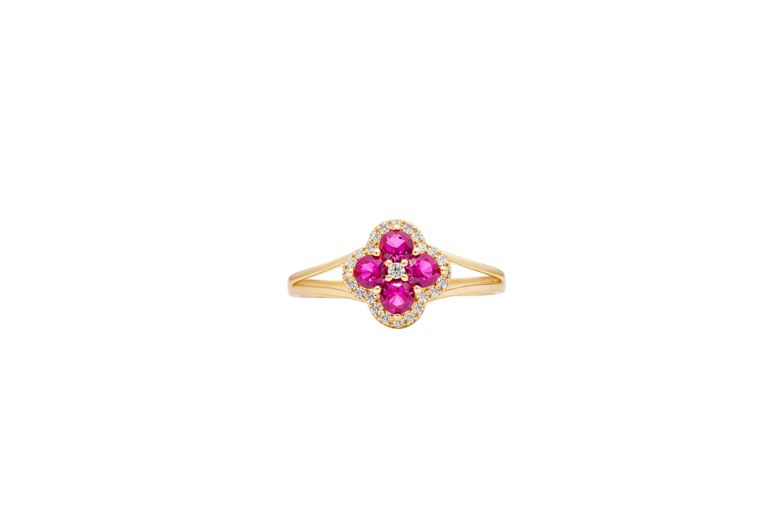 14KT Gold Ring Women's Mini Four Petal Flower Dark Pink Petals with White CZ Center Stone and Border Plain Split Band