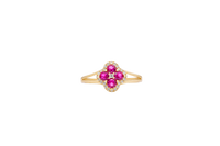 14KT Gold Ring Women's Mini Four Petal Flower Dark Pink Petals with White CZ Center Stone and Border Plain Split Band