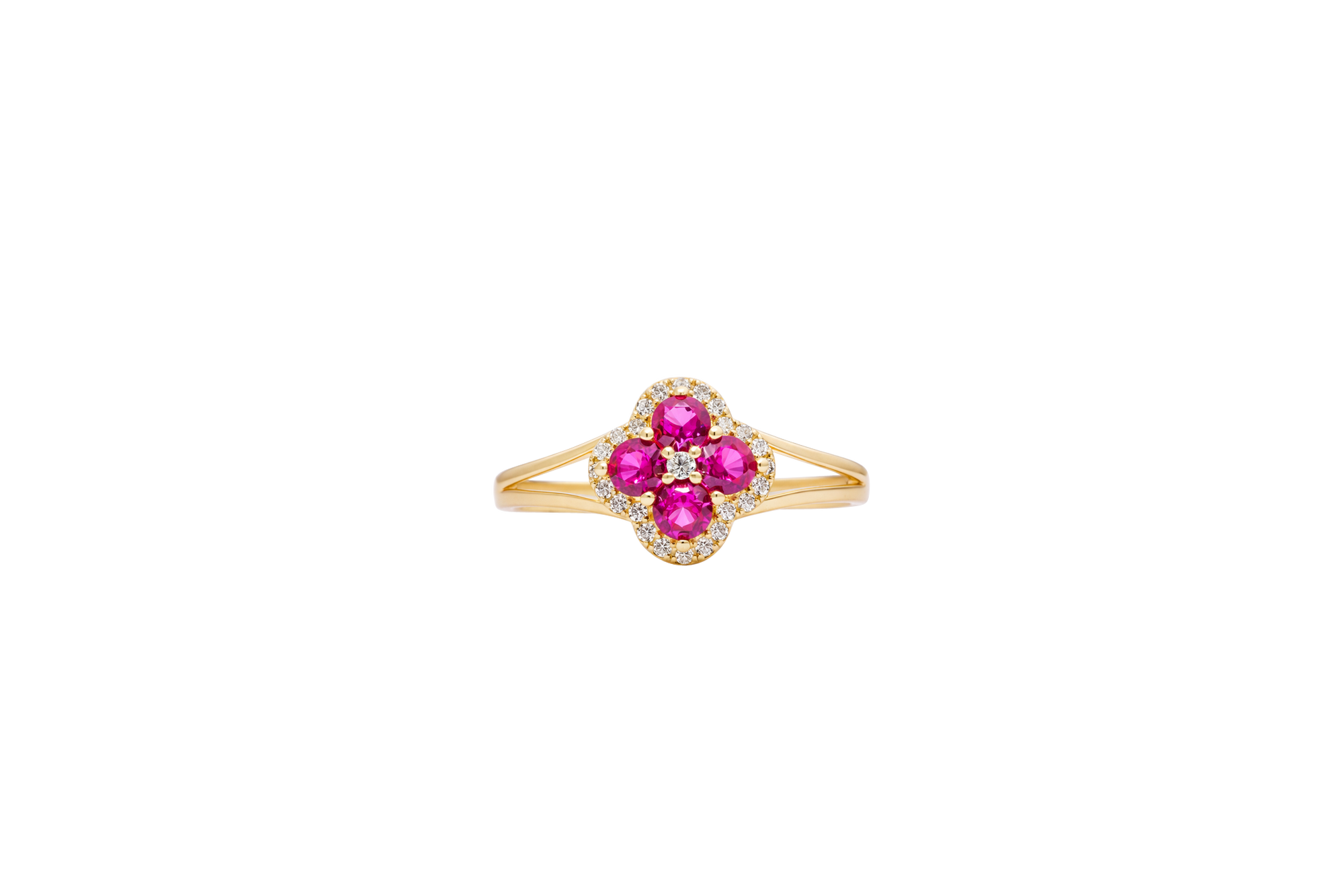 14KT Gold Ring Women's Mini Four Petal Flower Dark Pink Petals with White CZ Center Stone and Border Plain Split Band