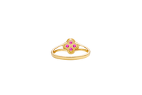 14KT Gold Ring Women's Mini Four Petal Flower Dark Pink Petals with White CZ Center Stone and Border Plain Split Band