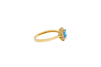 14KT Gold Flower Women's Ring Square Light Blue Center with White CZ Stone Petals Border Plain Band
