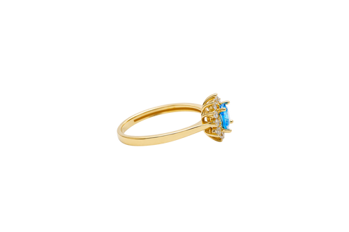 14KT Gold Flower Women's Ring Square Light Blue Center with White CZ Stone Petals Border Plain Band