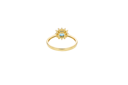 14KT Gold Flower Women's Ring Square Light Blue Center with White CZ Stone Petals Border Plain Band