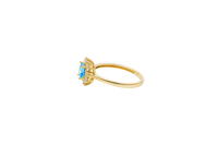 14KT Gold Flower Women's Ring Square Light Blue Center with White CZ Stone Petals Border Plain Band