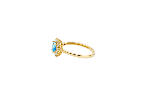 14KT Gold Flower Women's Ring Square Light Blue Center with White CZ Stone Petals Border Plain Band