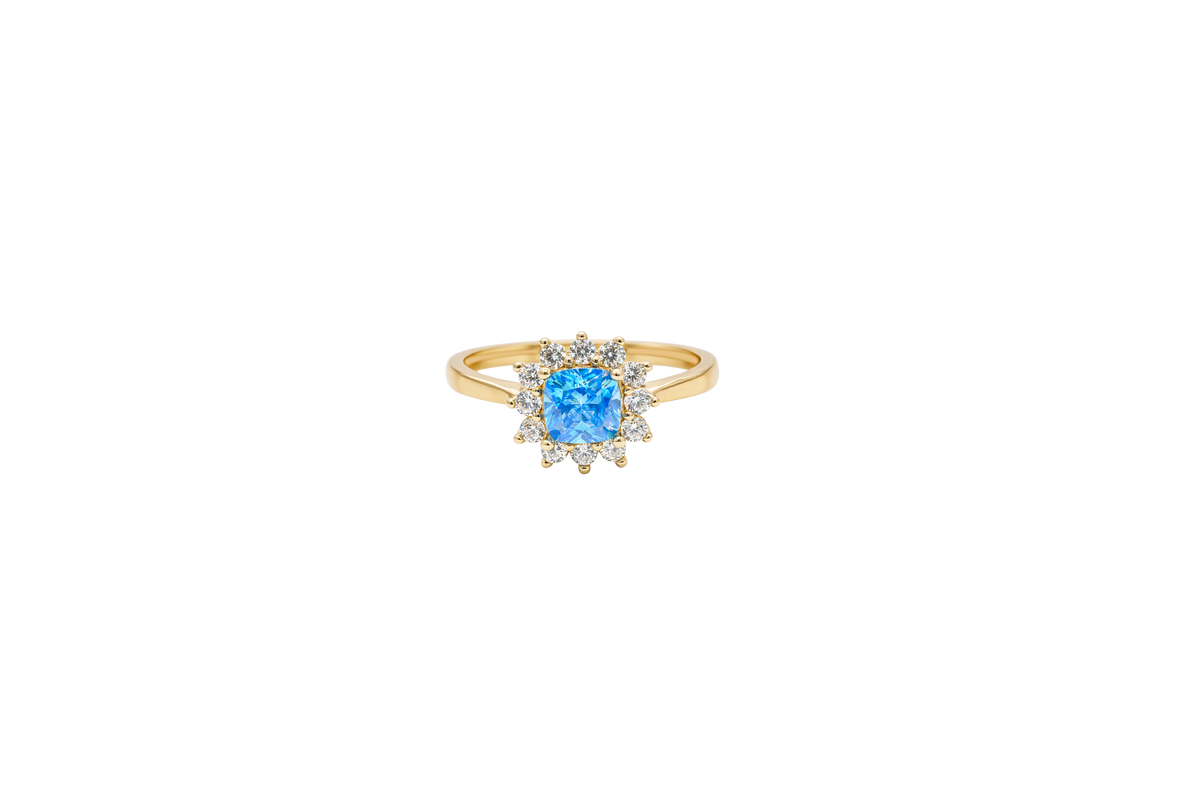 14KT Gold Flower Women's Ring Square Light Blue Center with White CZ Stone Petals Border Plain Band