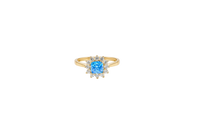 14KT Gold Flower Women's Ring Square Light Blue Center with White CZ Stone Petals Border Plain Band