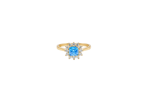 14KT Gold Flower Women's Ring Square Light Blue Center with White CZ Stone Petals Border Plain Band