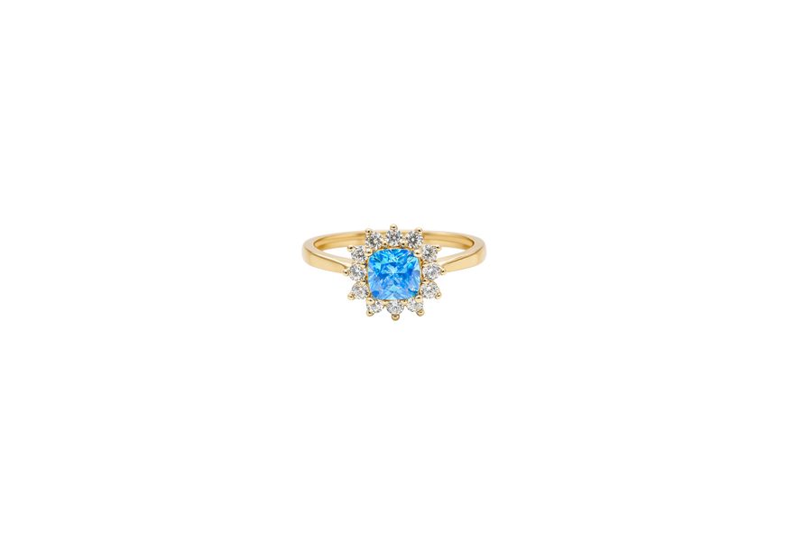 14KT Gold Flower Women's Ring Square Light Blue Center with White CZ Stone Petals Border Plain Band
