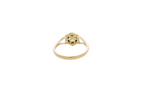 14KT Gold Ring Women's Flower Mini 6 Black Oval Petals with Round White CZ Stones Center and White CZ Stone Leaf Outline Border and Plain Split Band
