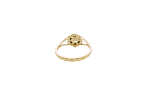 14KT Gold Ring Women's Flower Mini 6 Black Oval Petals with Round White CZ Stones Center and White CZ Stone Leaf Outline Border and Plain Split Band