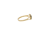 14KT Gold Ring Women's Flower Mini 6 Black Oval Petals with Round White CZ Stones Center and White CZ Stone Leaf Outline Border and Plain Split Band