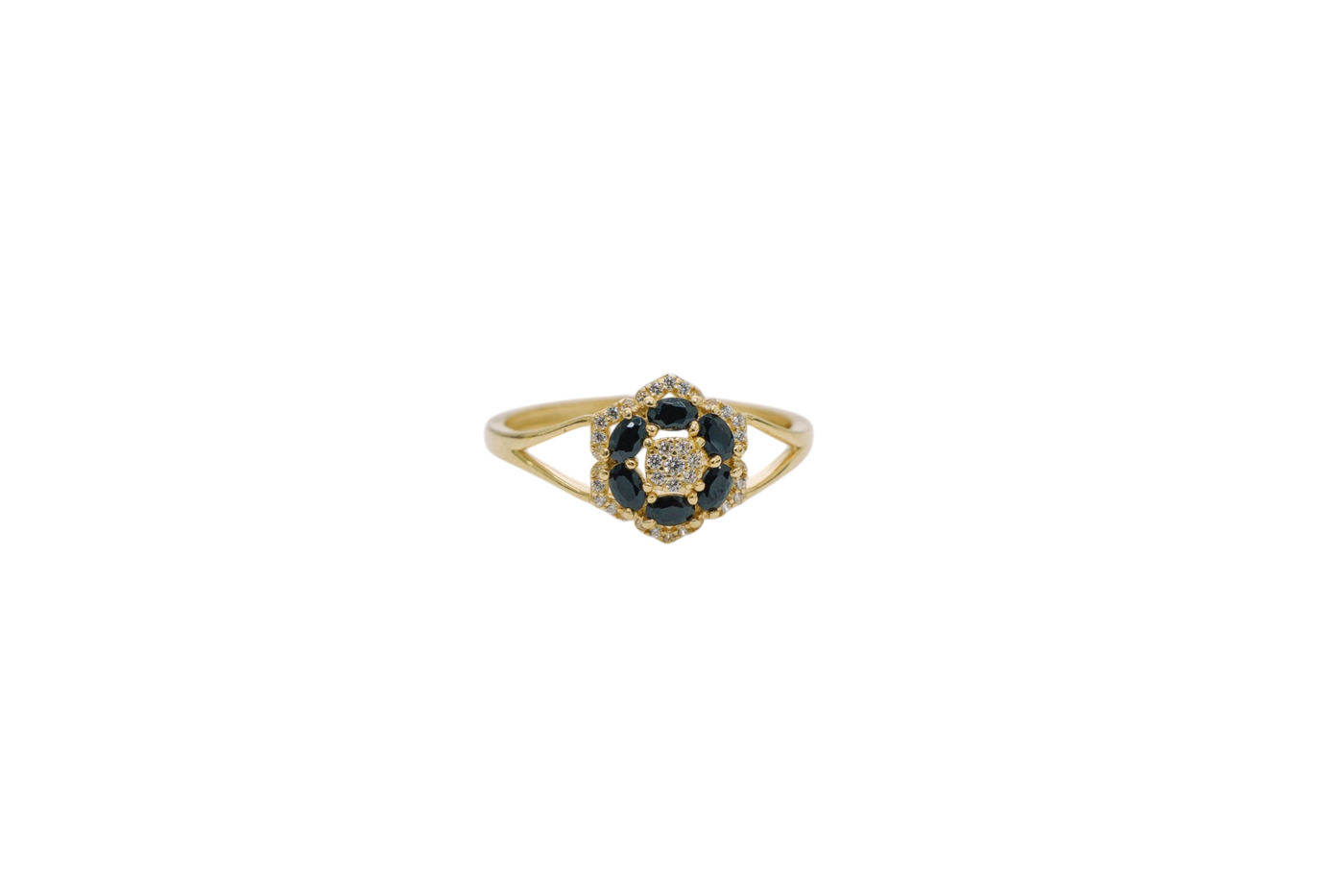 14KT Gold Ring Women's Flower Mini 6 Black Oval Petals with Round White CZ Stones Center and White CZ Stone Leaf Outline Border and Plain Split Band