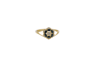 14KT Gold Ring Women's Flower Mini 6 Black Oval Petals with Round White CZ Stones Center and White CZ Stone Leaf Outline Border and Plain Split Band