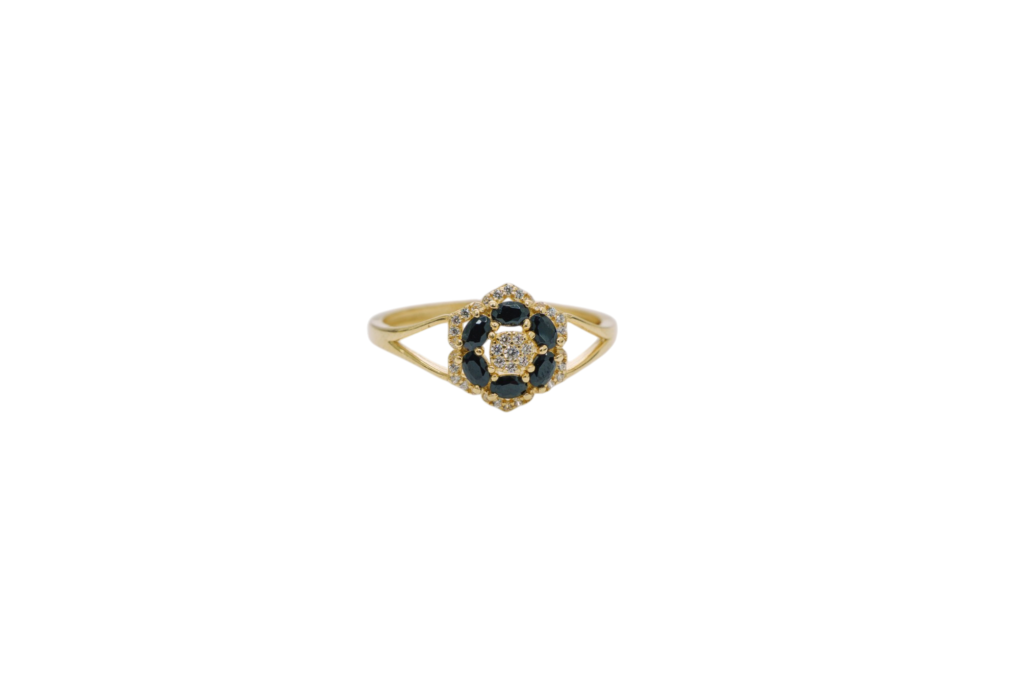 14KT Gold Ring Women's Flower Mini 6 Black Oval Petals with Round White CZ Stones Center and White CZ Stone Leaf Outline Border and Plain Split Band
