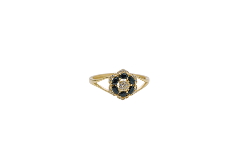 14KT Gold Ring Women's Flower Mini 6 Black Oval Petals with Round White CZ Stones Center and White CZ Stone Leaf Outline Border and Plain Split Band