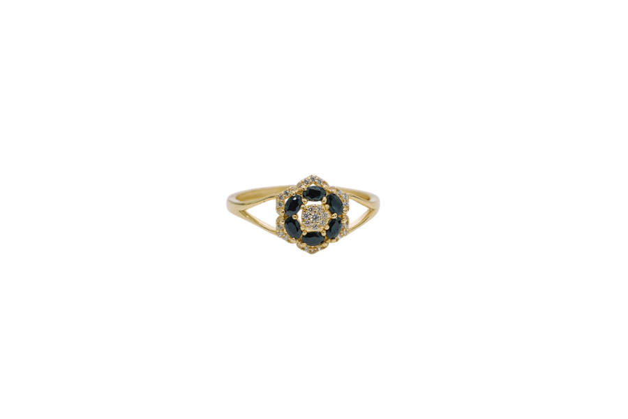 14KT Gold Ring Women's Flower Mini 6 Black Oval Petals with Round White CZ Stones Center and White CZ Stone Leaf Outline Border and Plain Split Band