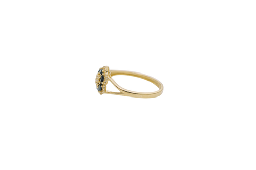 14KT Gold Ring Women's Flower Mini 6 Black Oval Petals with Round White CZ Stones Center and White CZ Stone Leaf Outline Border and Plain Split Band