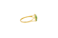 14KT Gold Ring Women's Flower Mini 6 Dark Green Oval Petals with Round White CZ Stones Center and White CZ Stone Leaf Outline Border and Plain Split Band