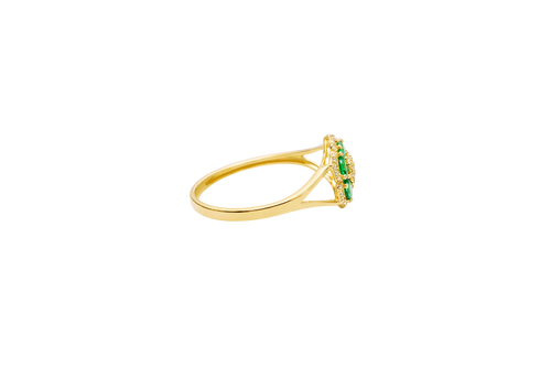 14KT Gold Ring Women's Flower Mini 6 Dark Green Oval Petals with Round White CZ Stones Center and White CZ Stone Leaf Outline Border and Plain Split Band