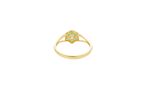 14KT Gold Ring Women's Flower Mini 6 Dark Green Oval Petals with Round White CZ Stones Center and White CZ Stone Leaf Outline Border and Plain Split Band