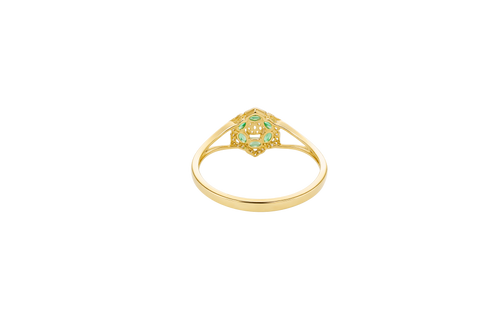 14KT Gold Ring Women's Flower Mini 6 Dark Green Oval Petals with Round White CZ Stones Center and White CZ Stone Leaf Outline Border and Plain Split Band