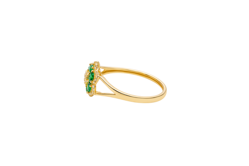 14KT Gold Ring Women's Flower Mini 6 Dark Green Oval Petals with Round White CZ Stones Center and White CZ Stone Leaf Outline Border and Plain Split Band