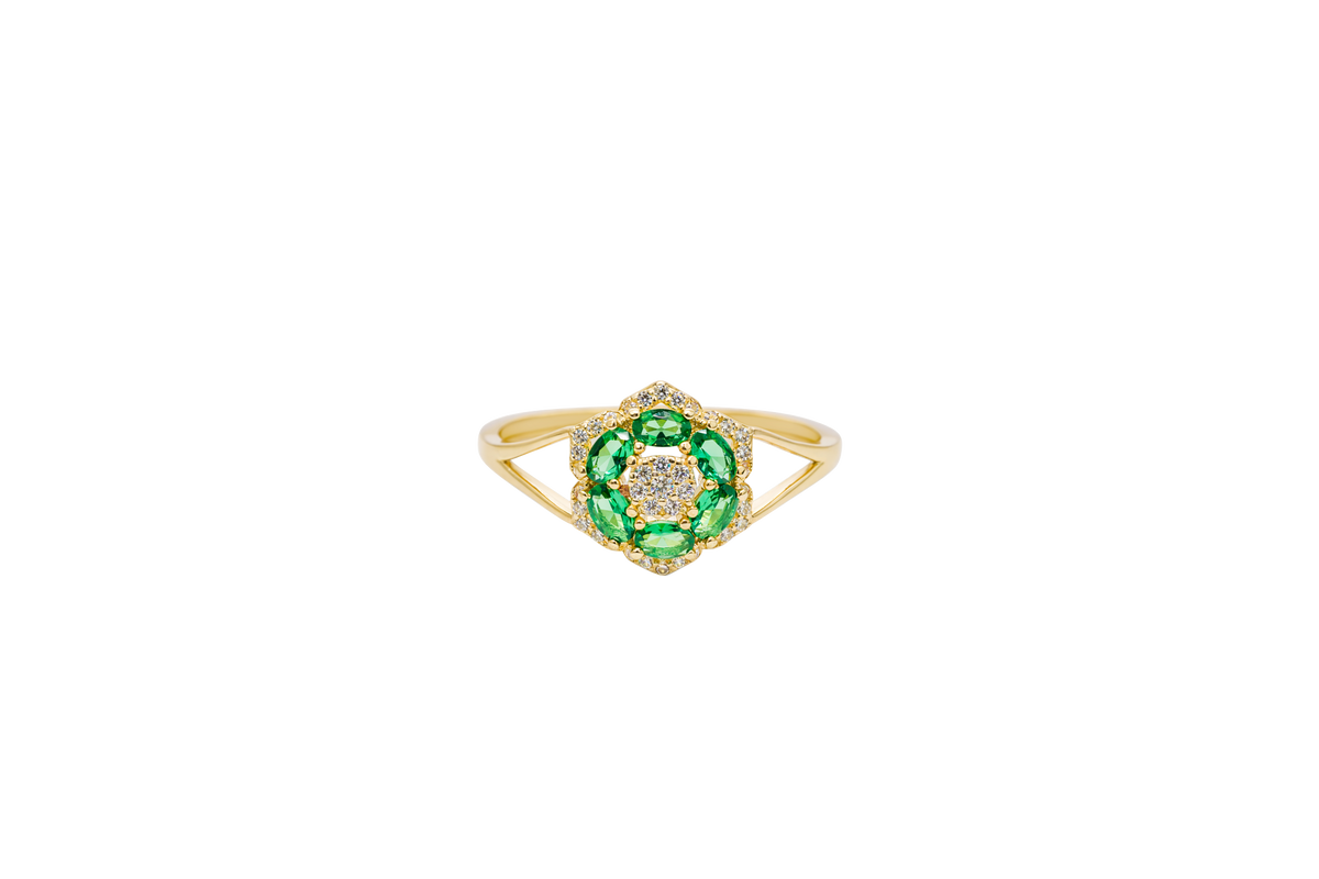 14KT Gold Ring Women's Flower Mini 6 Dark Green Oval Petals with Round White CZ Stones Center and White CZ Stone Leaf Outline Border and Plain Split Band