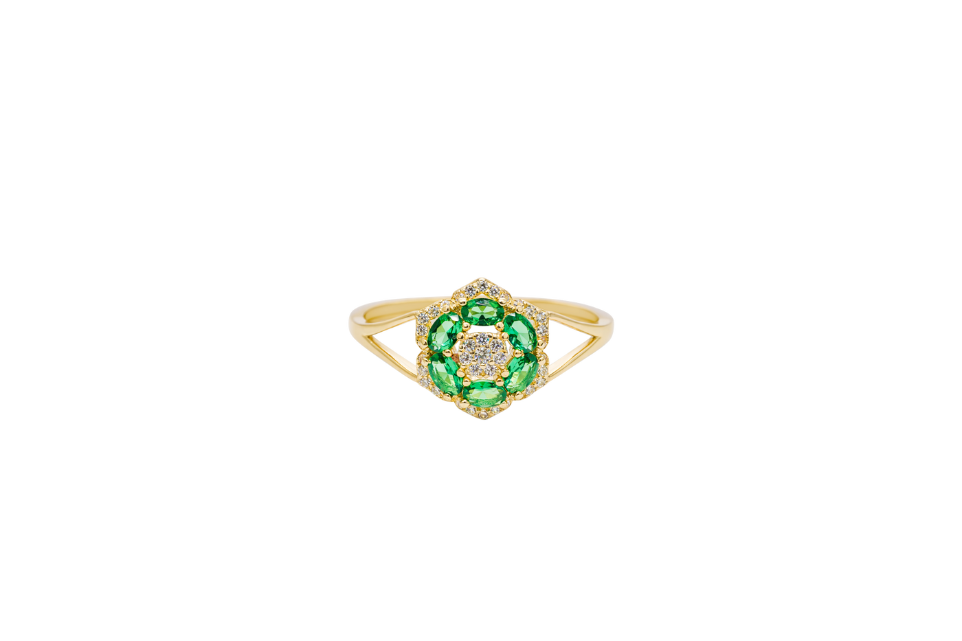 14KT Gold Ring Women's Flower Mini 6 Dark Green Oval Petals with Round White CZ Stones Center and White CZ Stone Leaf Outline Border and Plain Split Band