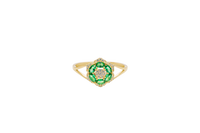 14KT Gold Ring Women's Flower Mini 6 Dark Green Oval Petals with Round White CZ Stones Center and White CZ Stone Leaf Outline Border and Plain Split Band