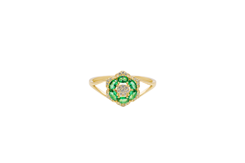 14KT Gold Ring Women's Flower Mini 6 Dark Green Oval Petals with Round White CZ Stones Center and White CZ Stone Leaf Outline Border and Plain Split Band