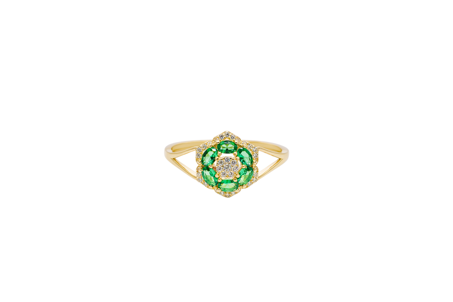14KT Gold Ring Women's Flower Mini 6 Dark Green Oval Petals with Round White CZ Stones Center and White CZ Stone Leaf Outline Border and Plain Split Band