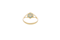 14KT Gold Ring Women's Flower Mini 6 Navy Blue Oval Petals with Round White CZ Stones Center and White CZ Stone Leaf Outline Border and Plain Split Band