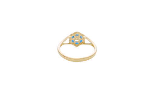 14KT Gold Ring Women's Flower Mini 6 Navy Blue Oval Petals with Round White CZ Stones Center and White CZ Stone Leaf Outline Border and Plain Split Band