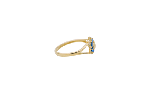 14KT Gold Ring Women's Flower Mini 6 Navy Blue Oval Petals with Round White CZ Stones Center and White CZ Stone Leaf Outline Border and Plain Split Band