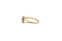 14KT Gold Ring Women's Flower Mini 6 Navy Blue Oval Petals with Round White CZ Stones Center and White CZ Stone Leaf Outline Border and Plain Split Band