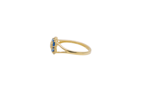 14KT Gold Ring Women's Flower Mini 6 Navy Blue Oval Petals with Round White CZ Stones Center and White CZ Stone Leaf Outline Border and Plain Split Band