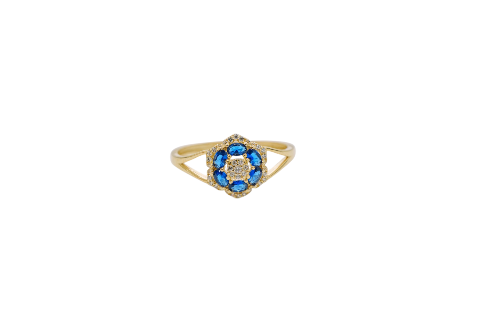 14KT Gold Ring Women's Flower Mini 6 Navy Blue Oval Petals with Round White CZ Stones Center and White CZ Stone Leaf Outline Border and Plain Split Band